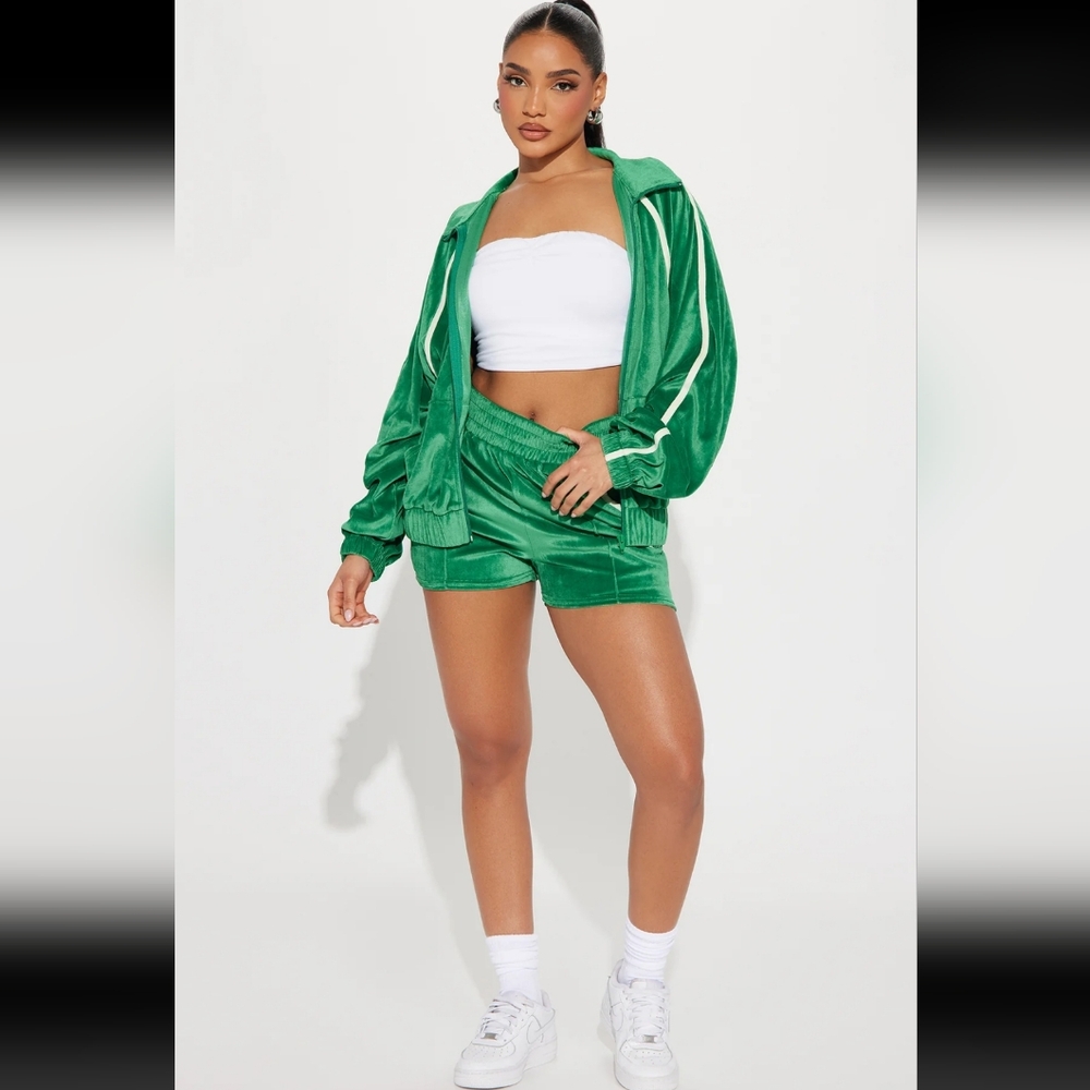 Green Velour Tracksuit Short Set